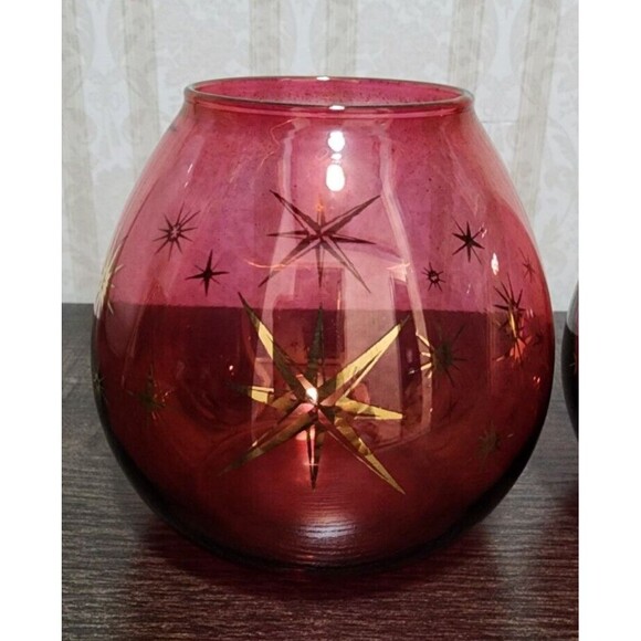 Bartlett Collins Atomic Star Cranberry Glass Vases Candle Holders 4.5" Set of 2 - Picture 3 of 10